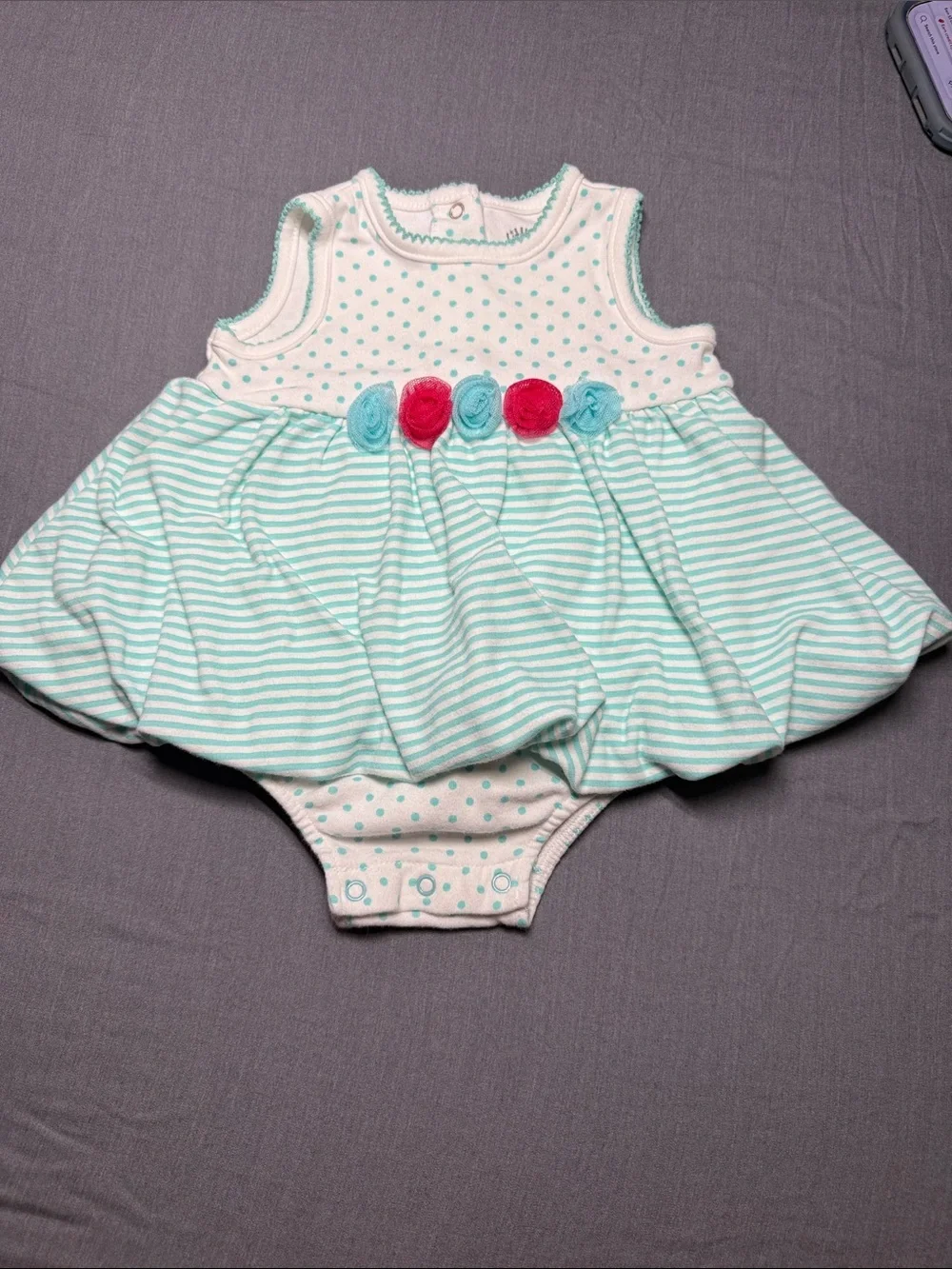 Little Me Mint & White Striped Bubble Romper with Pink and Aqua Rosettes